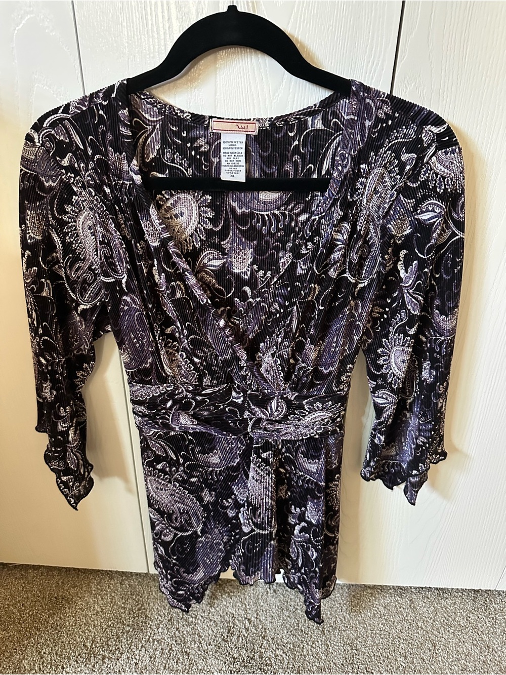 Volt Black & Lavender Paisley Ruched Wrap Top